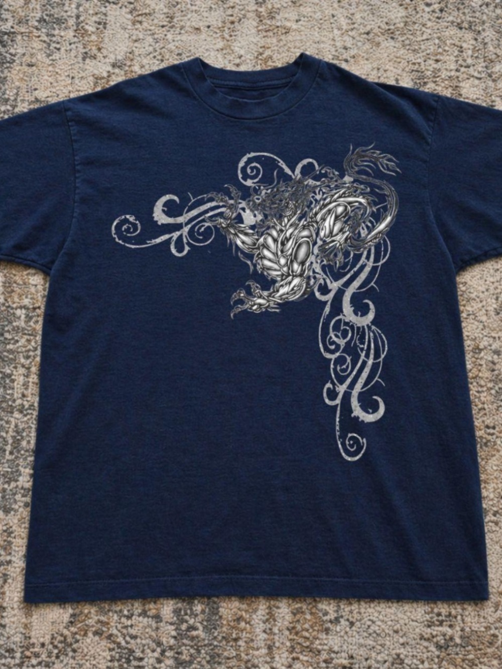 Gildan Navy Short Sleeve Tee with Silver Dragon Graphic